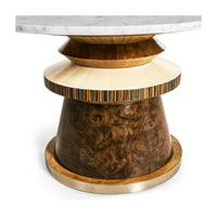 Designer cocktail table with round marble and wooden features.