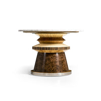 Eclectic cocktail table featuring wood base and marble top.