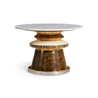 Round cocktail table with marble top, side view.