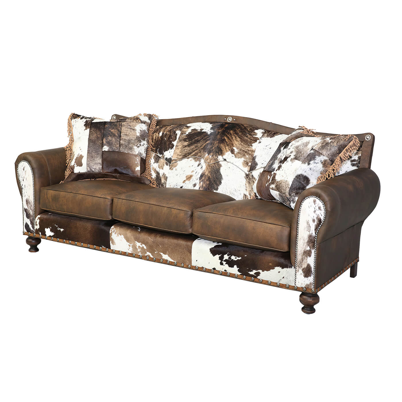 Brown and cowhide western sofa, front view with pillows.