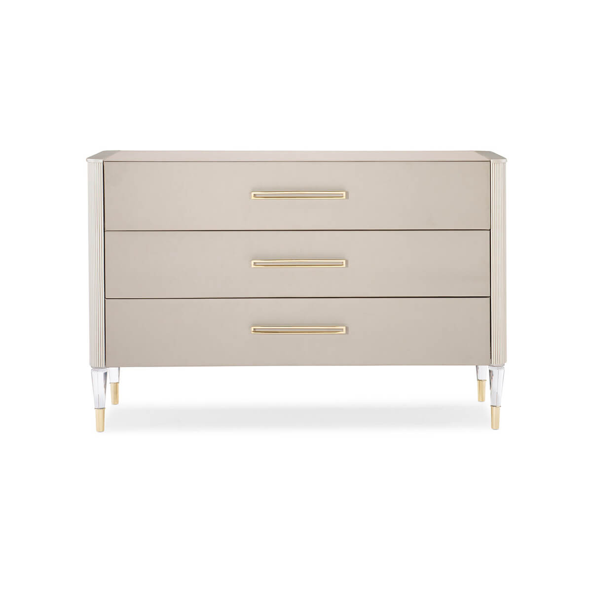 Front view of three-drawer modern dresser, sleek design.