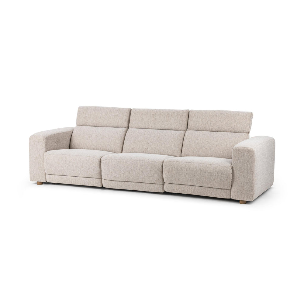 Angled front view of gray three-piece power reclining sofa with all three headrests raised