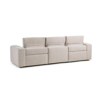 Rear angled view of gray three-piece sofa showing the upholstered back panels and raised headrests