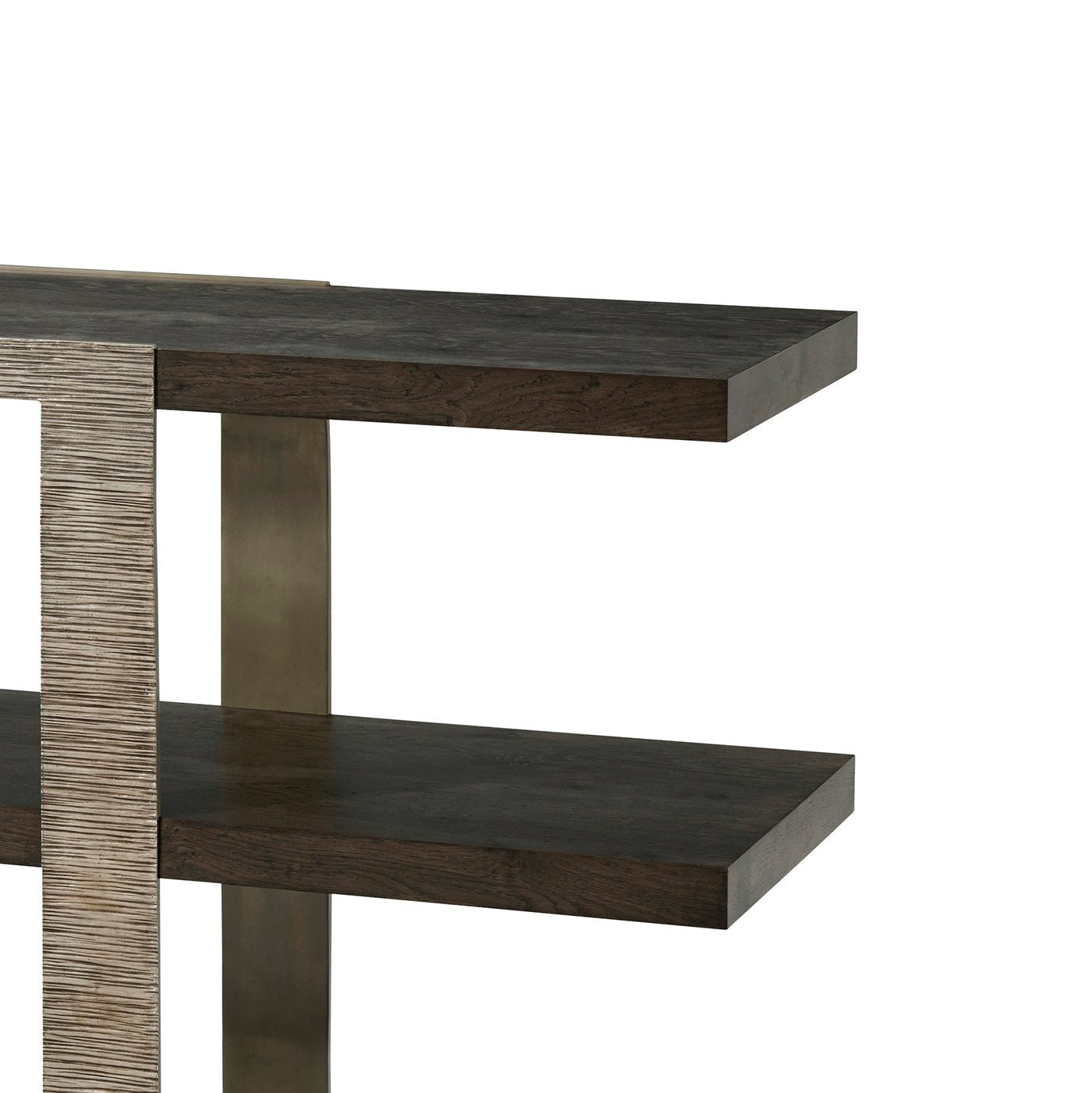 Close-up, top section of modern console table.