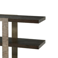 Close-up, top section of modern console table.