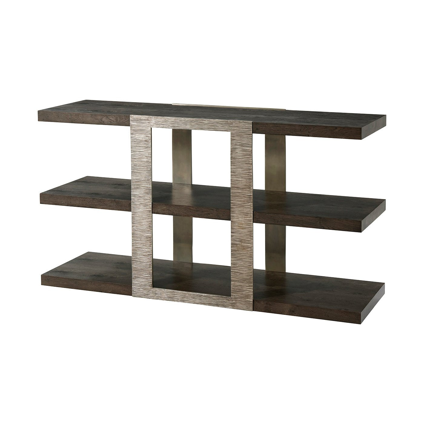 Three tier console table, side angle view.