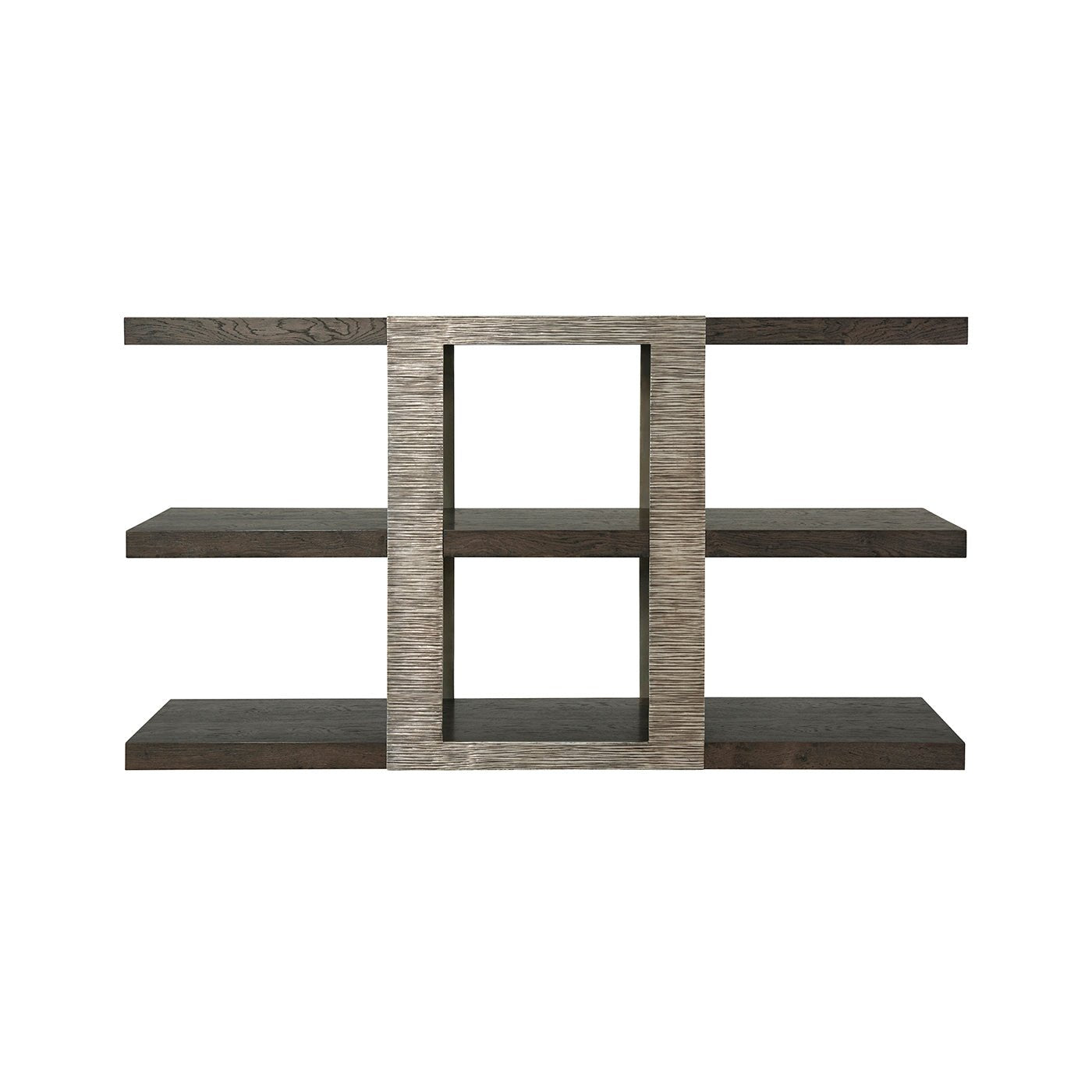 Front view, three tier industrial console table.
