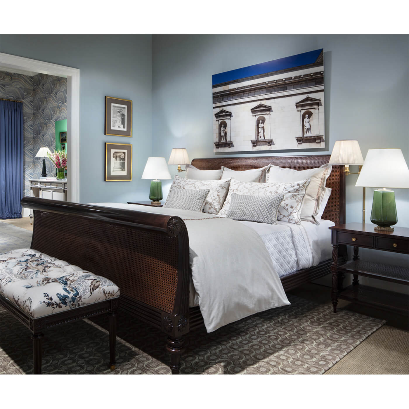 Regency-style bedroom featuring nightstand and elegant decor.