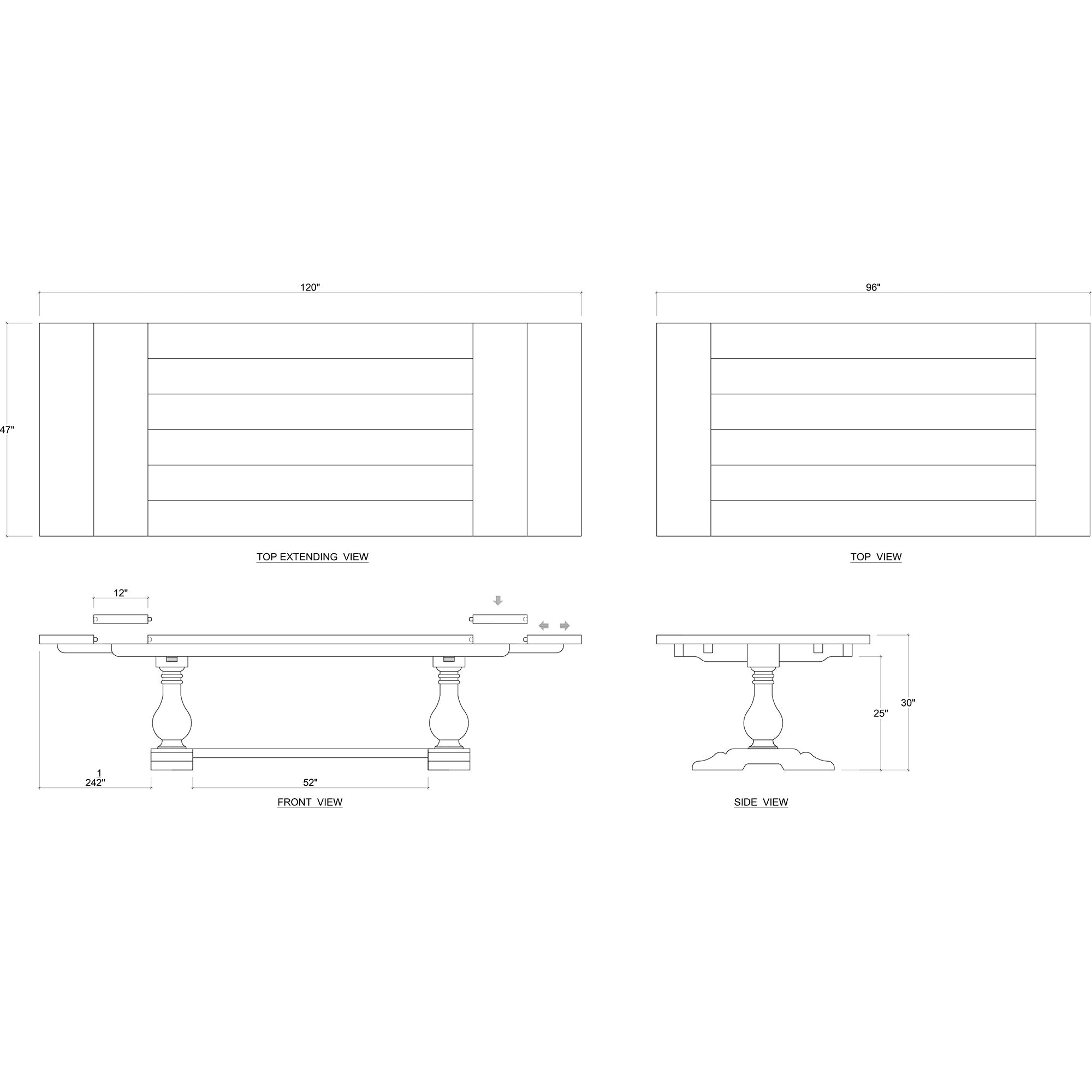 Technical drawing of extendable trestle dining table dimensions.
