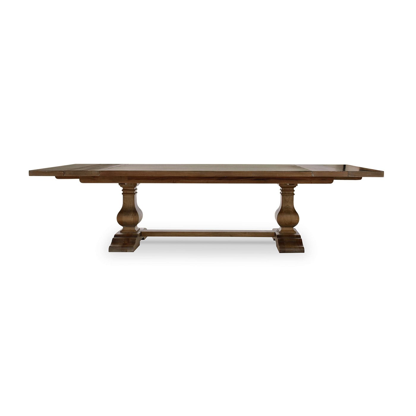 Front view of trestle dining table, no extensions.