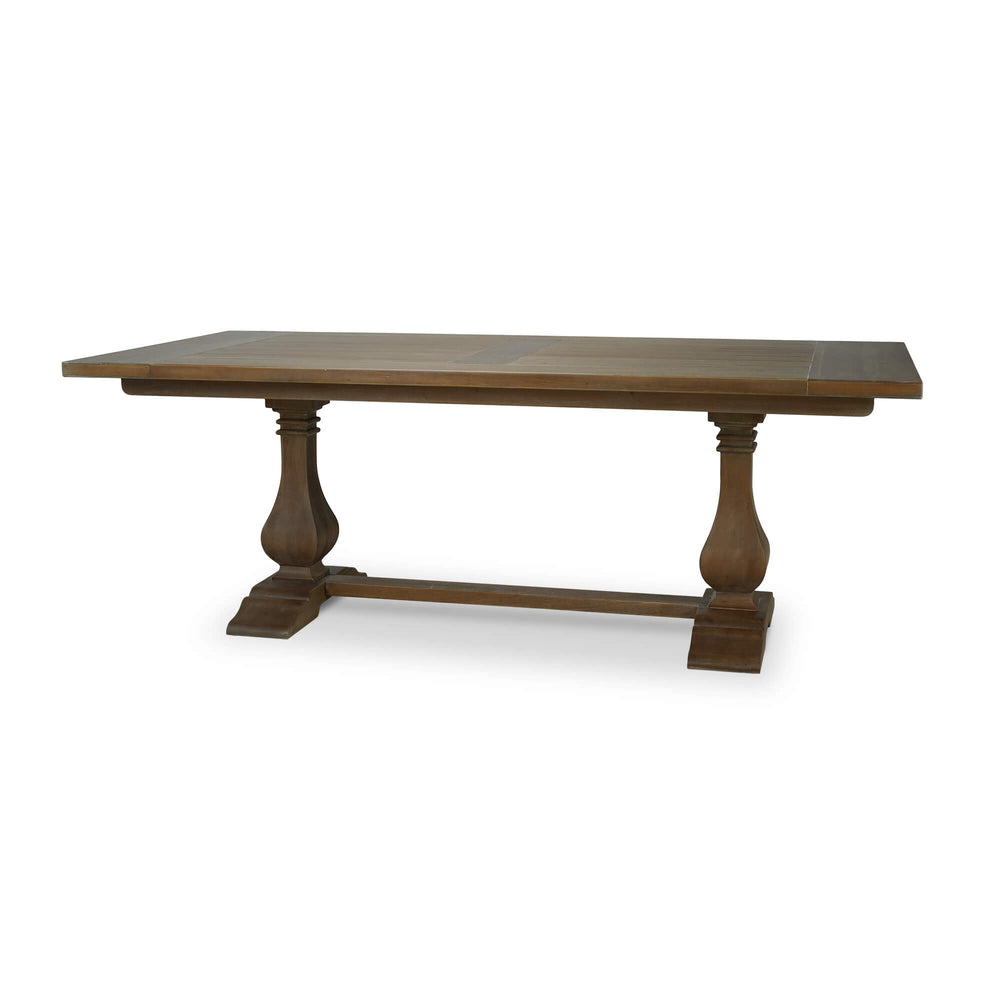 Wooden trestle dining table perspective view.