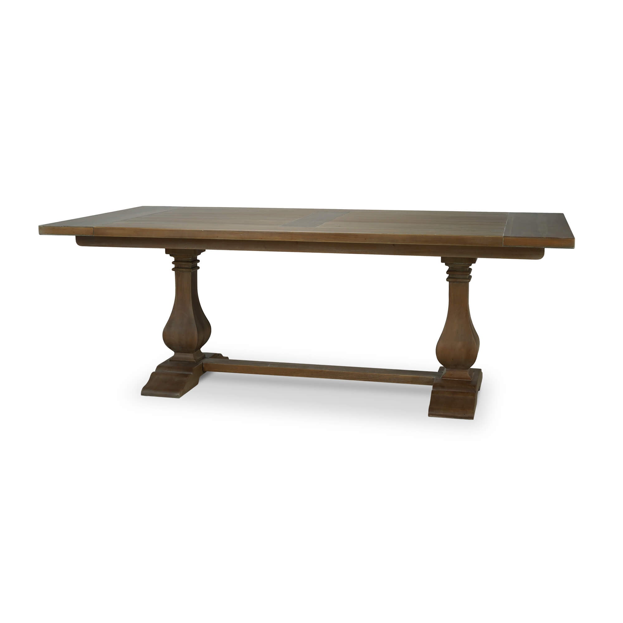 Wooden trestle dining table perspective view.