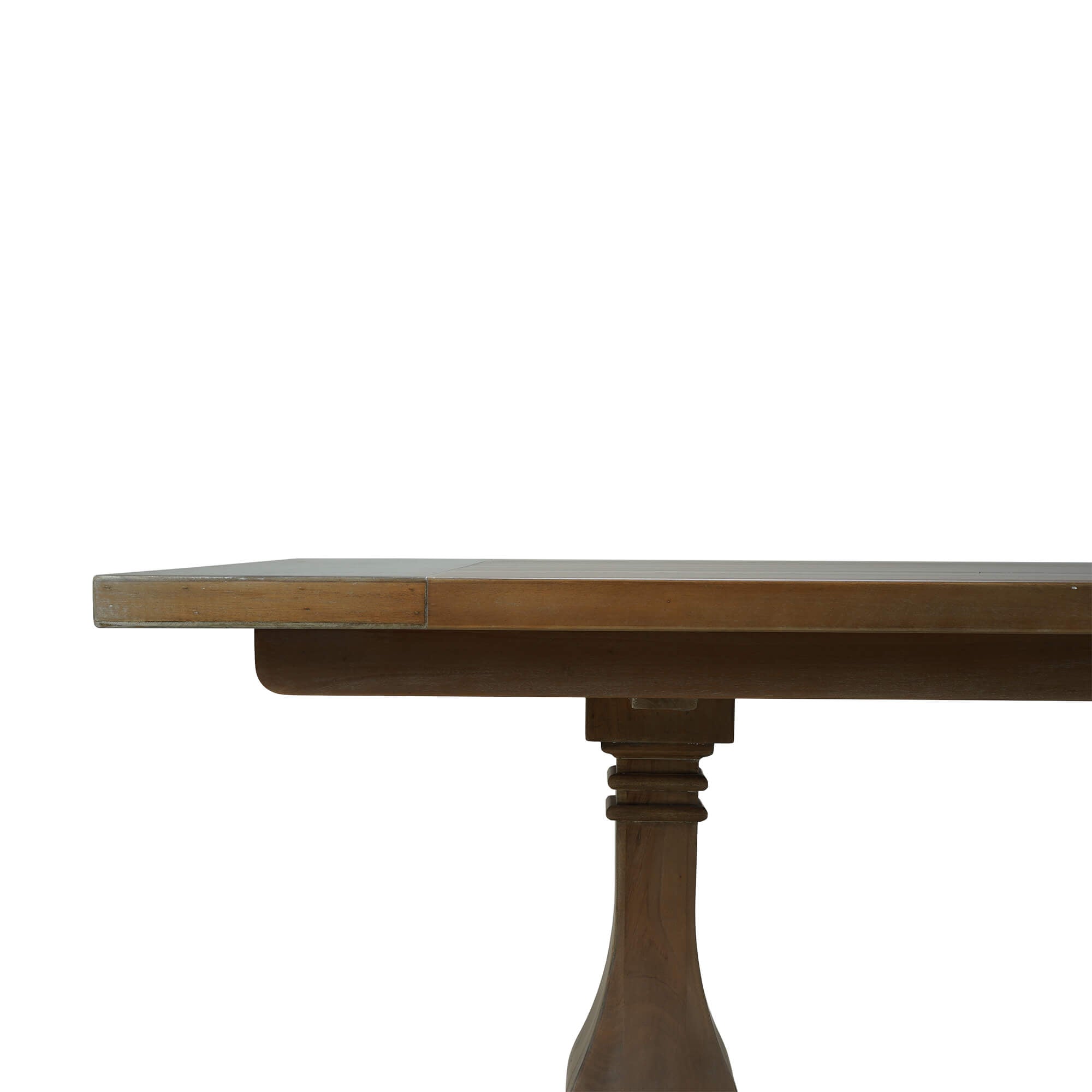 Close-up on trestle table edge detail.