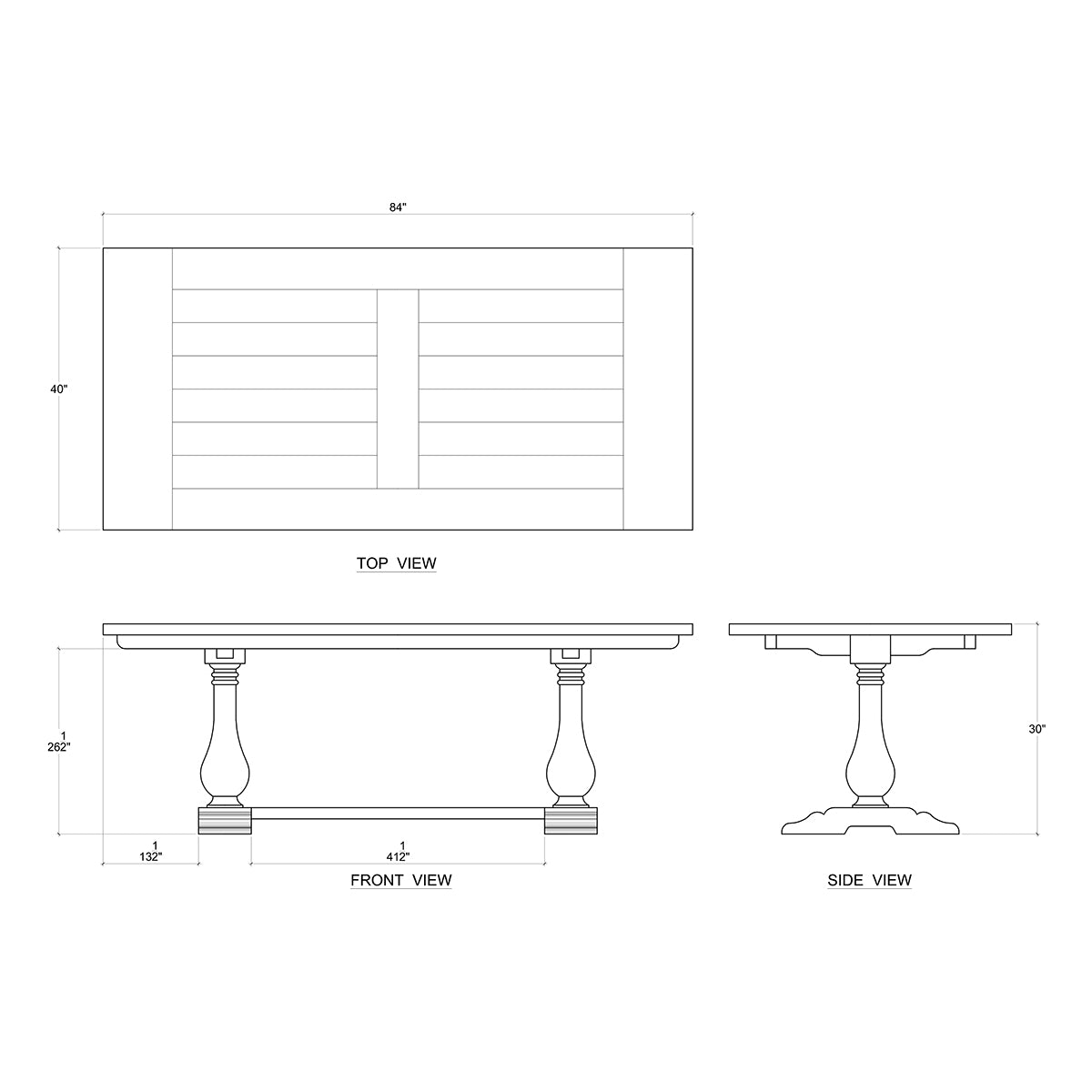 Dimension diagram of trestle dining table.