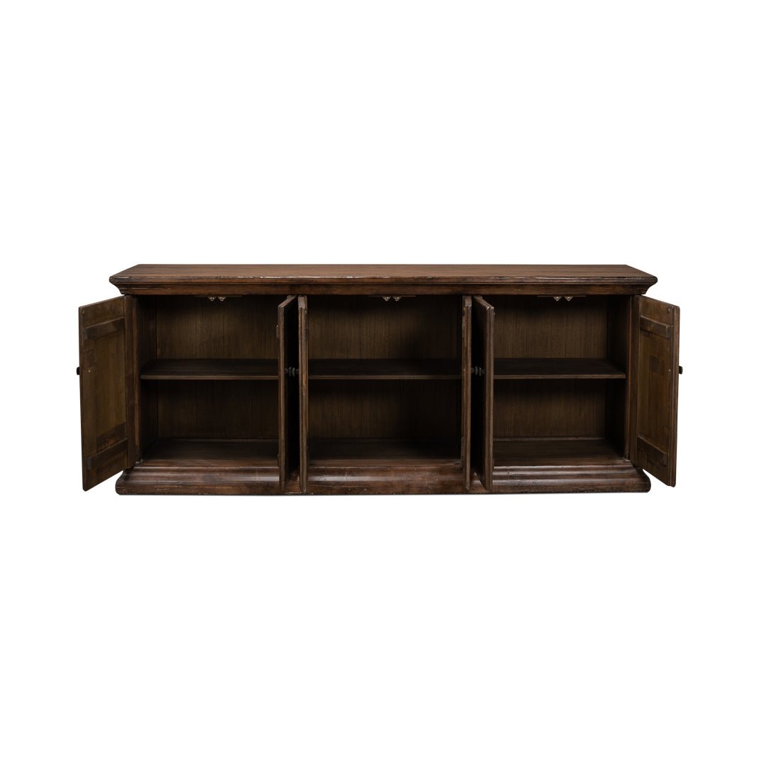 Sideboard buffet with open doors and shelving.