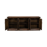 Sideboard buffet with open doors and shelving.