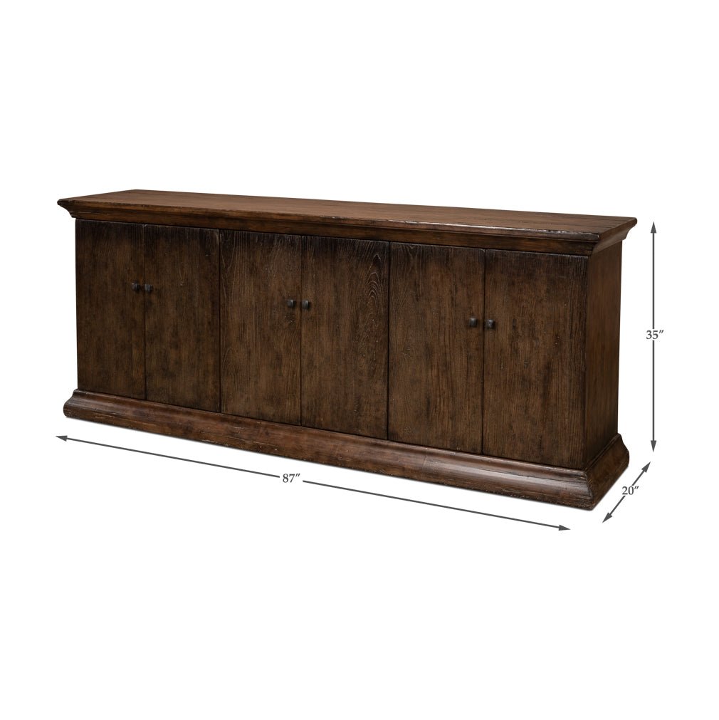 Sideboard dimensions: length, width, height with rustic finish.
