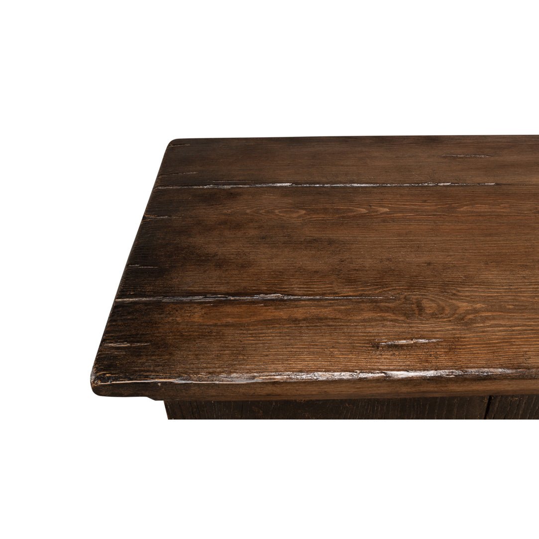 Close-up view of sideboard's wood grain finish.