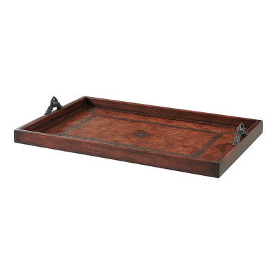 Tooled leather serving tray with handles, angled view.