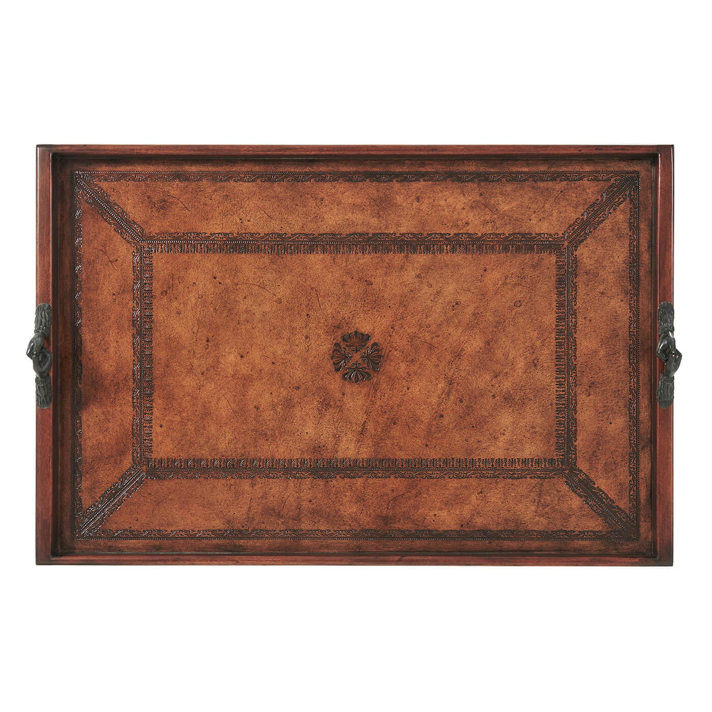 Top view of tooled leather serving tray design.