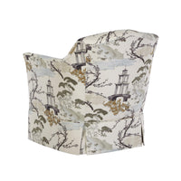 Beige armchair with nature design, back angle view.