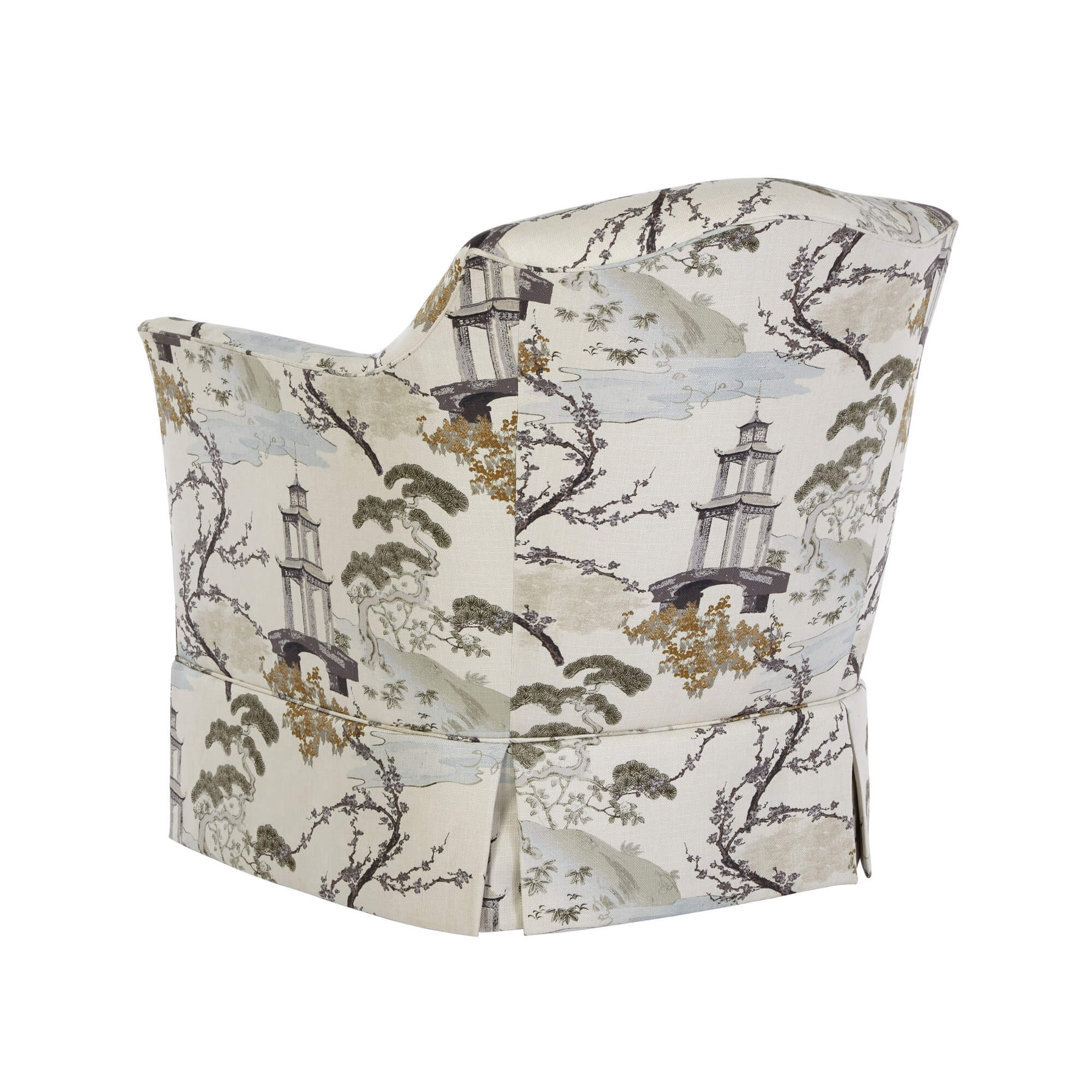 Beige armchair with nature design, back angle view.