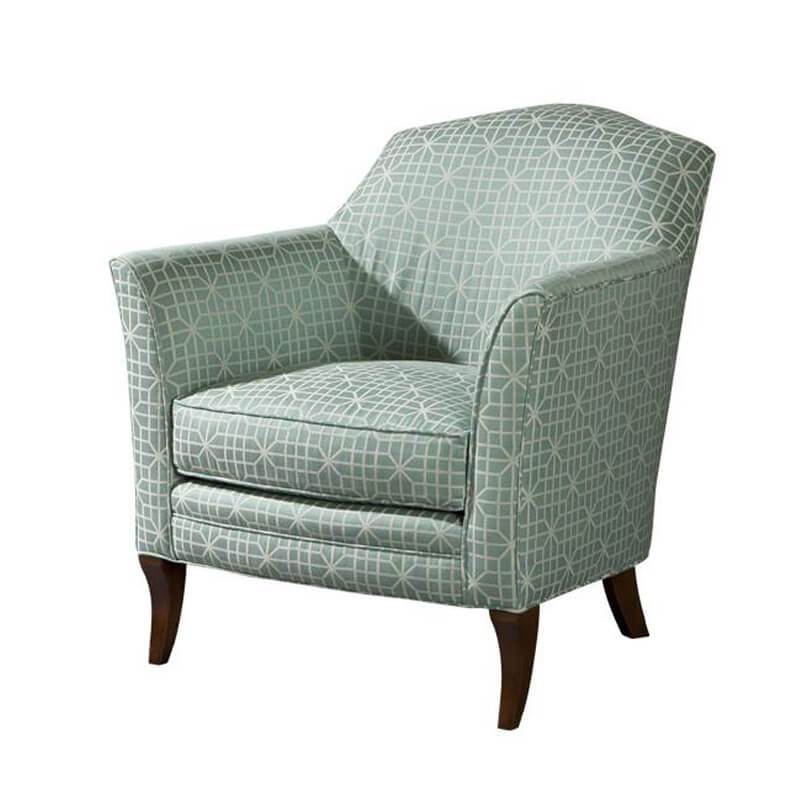 Geometric patterned armchair, front angle view, green fabric.