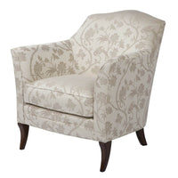 Floral patterned armchair, front angle view, wooden legs.