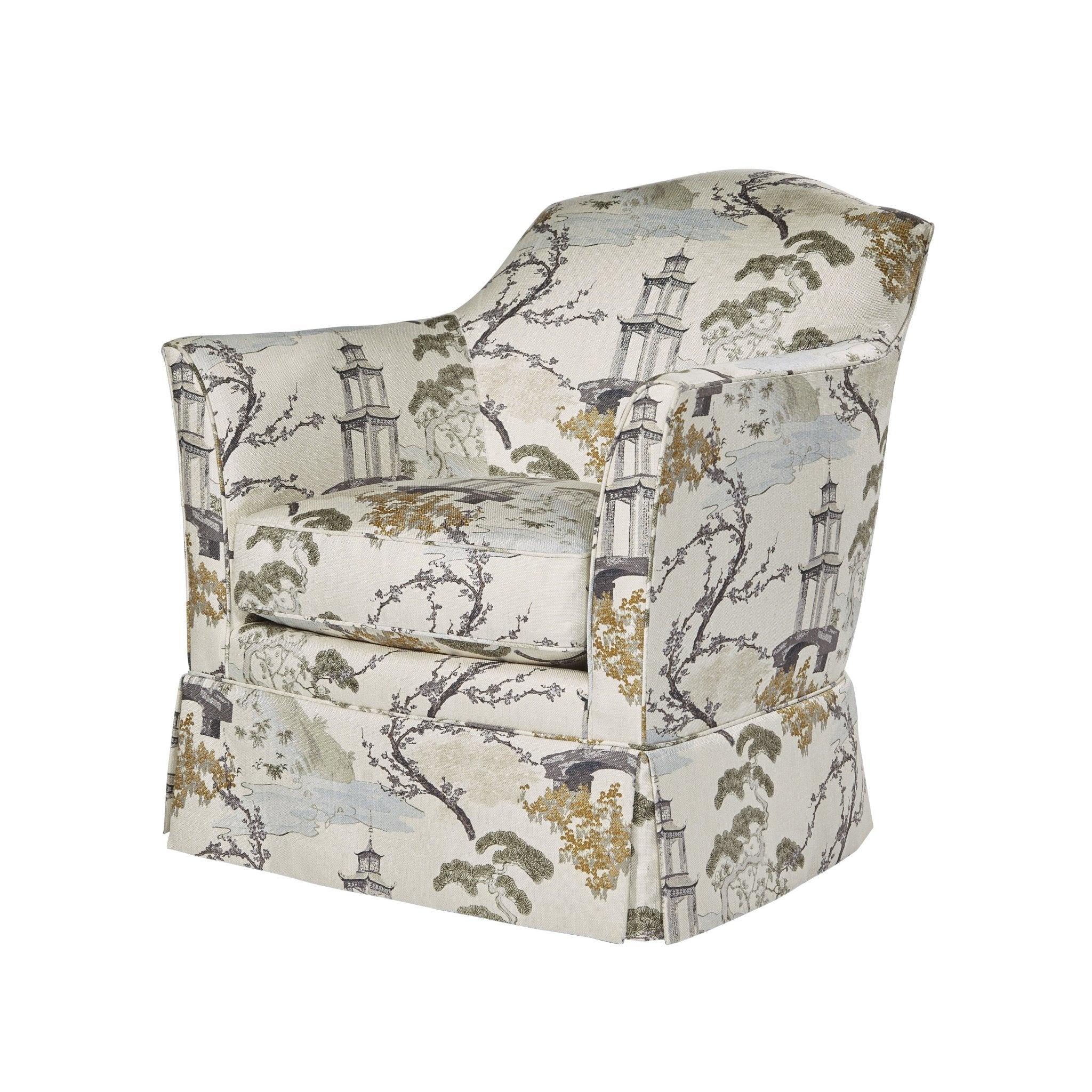 Beige armchair with nature print, front angle view.