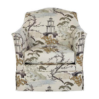 Beige armchair with nature design, front view.