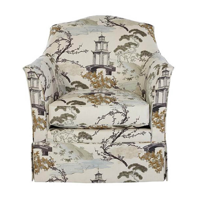 Beige armchair with nature design, front view.