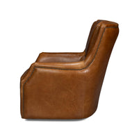Side profile of brown leather swivel chair, detailed stitching