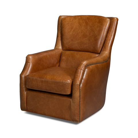 Traditional Brown Leather Swivel Chair