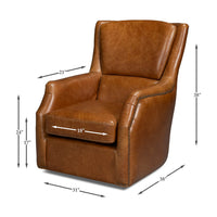 Dimensions of traditional brown leather swivel chair, shown clearly