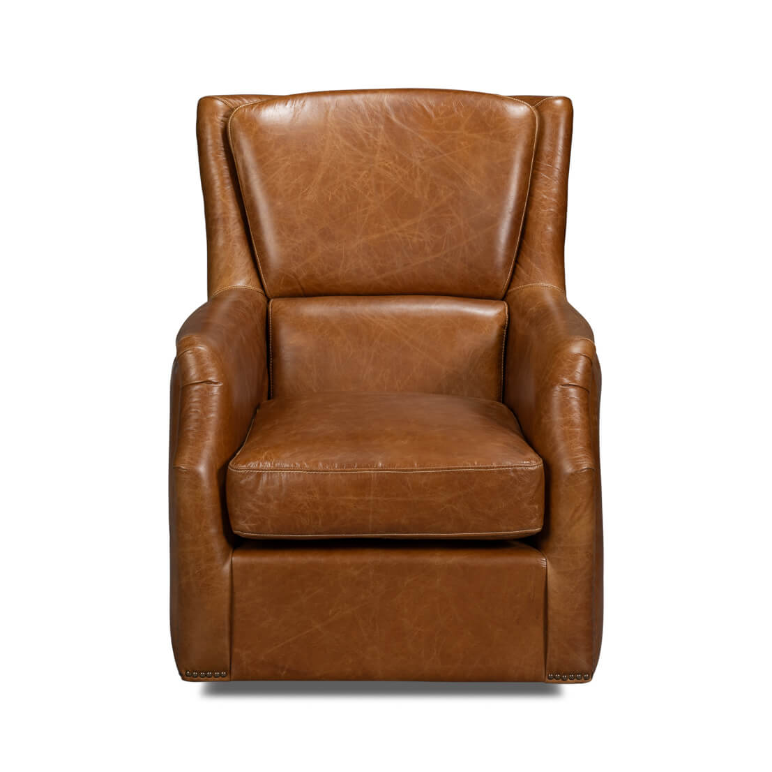 Front view of traditional brown leather swivel chair