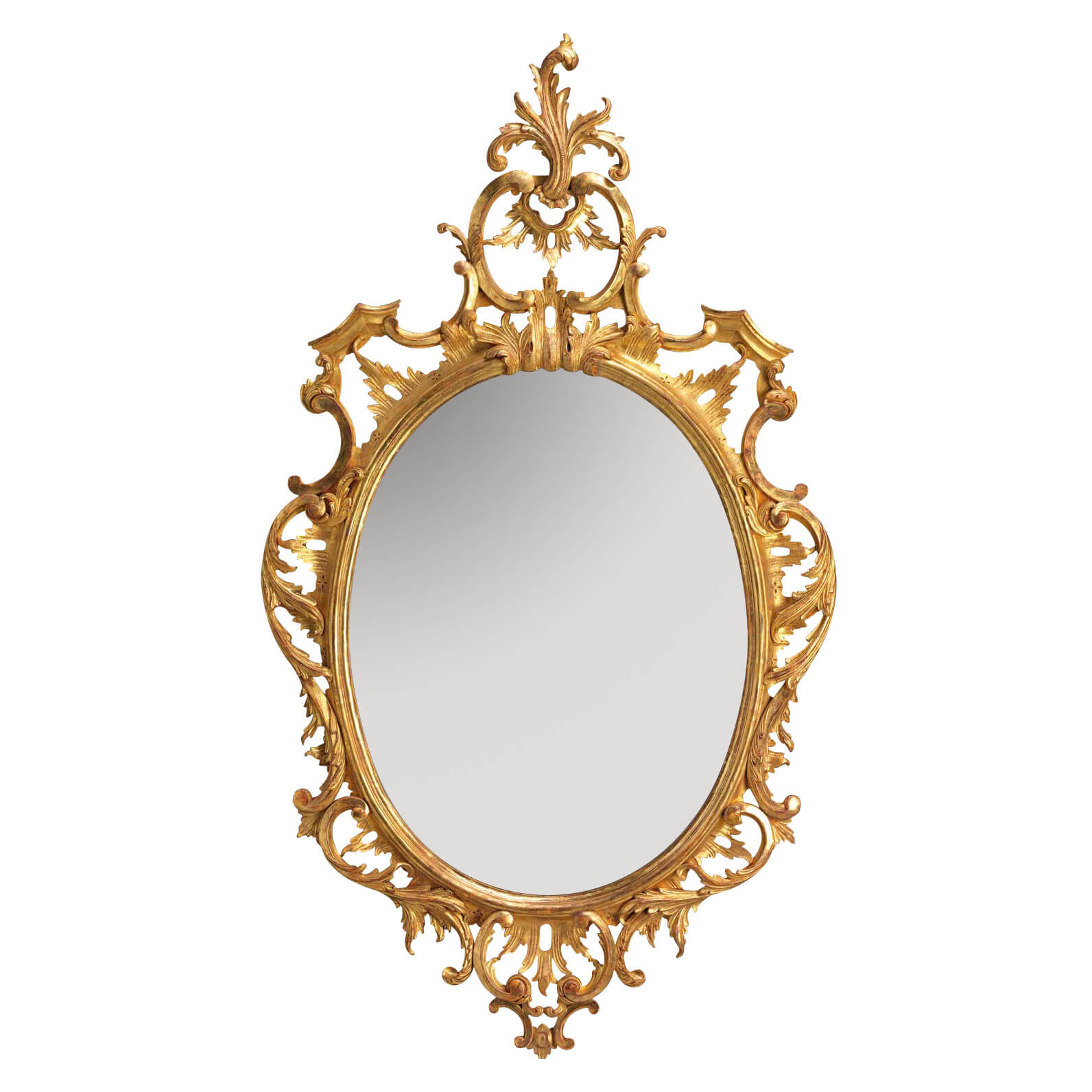 Ornate traditional Chippendale oval mirror with gold frame.