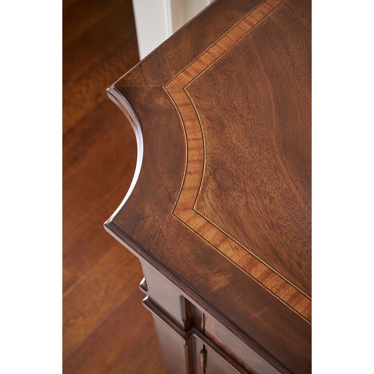Traditional English sideboard, top corner detail.