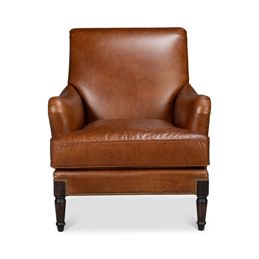 Front view of leather club chair.