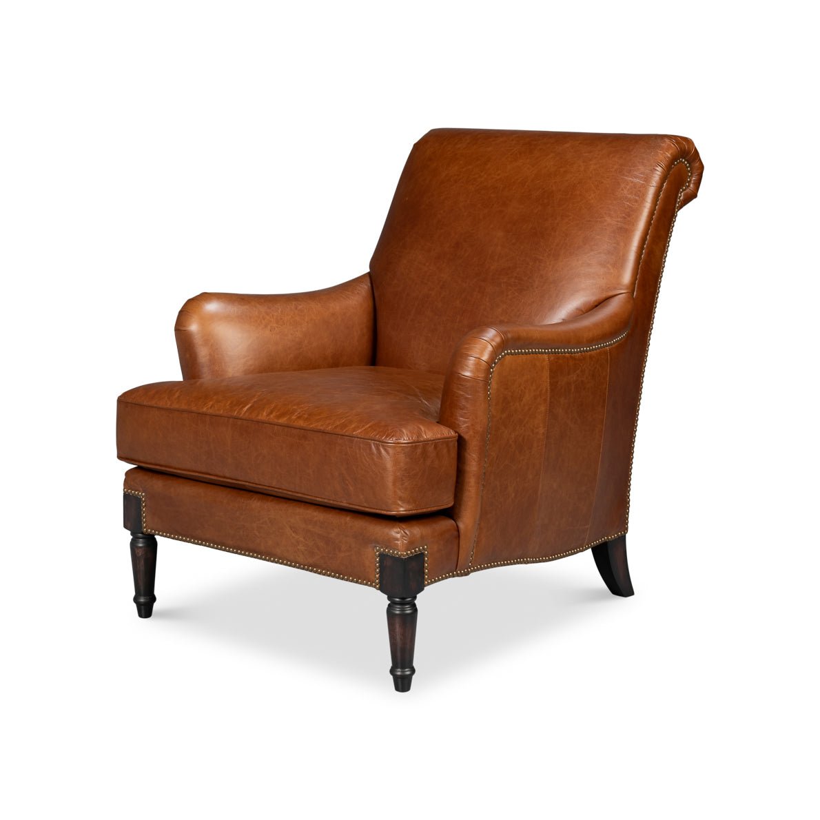 Brown leather club chair, angled view.