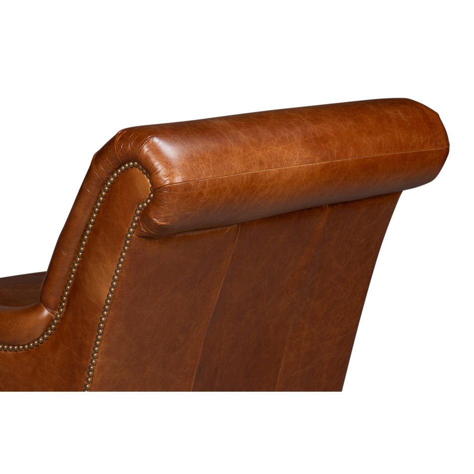 Detail of chair back with nailhead trim.