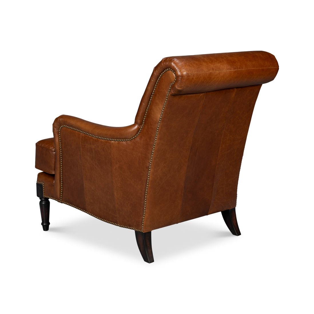Rear side view of leather club chair.