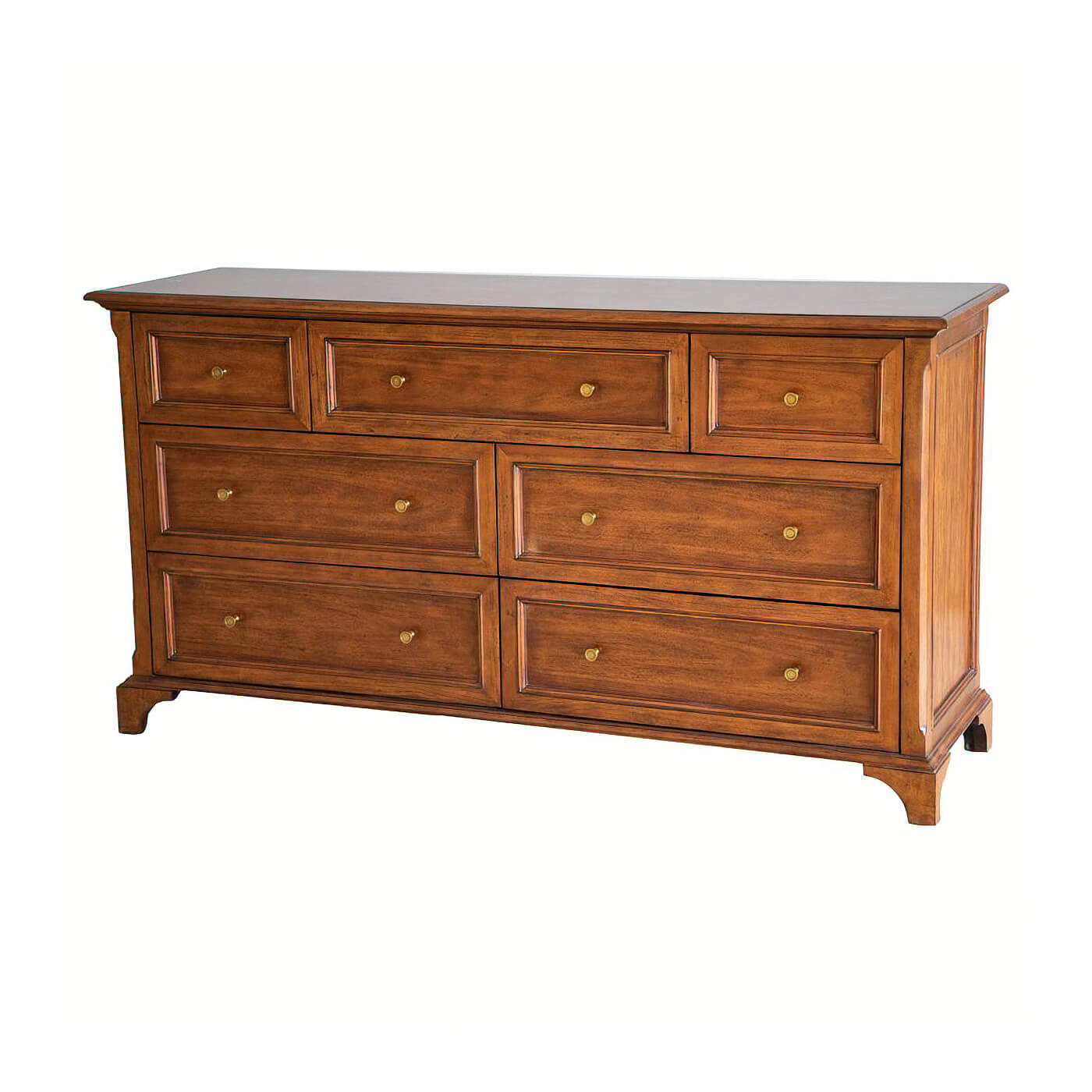 Traditional long dresser with seven drawers, closed view.