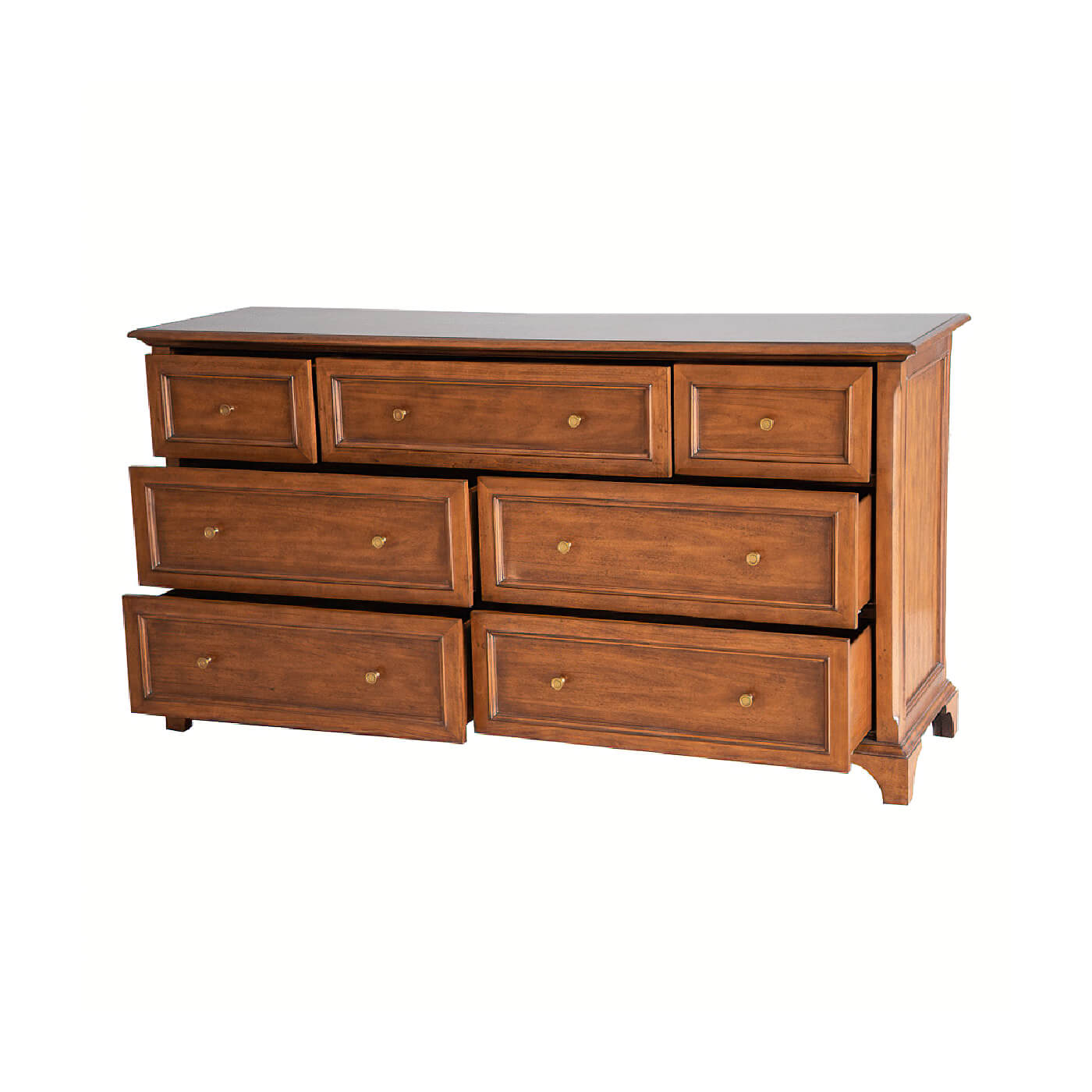 Traditional long dresser with partially open drawers, side view.