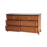 Traditional long dresser with partially open drawers, side view.