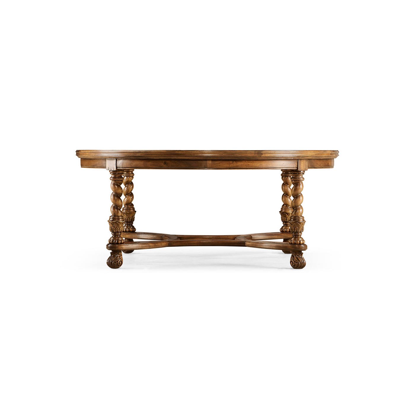 Side view of round coffee table, twisted legs detail.