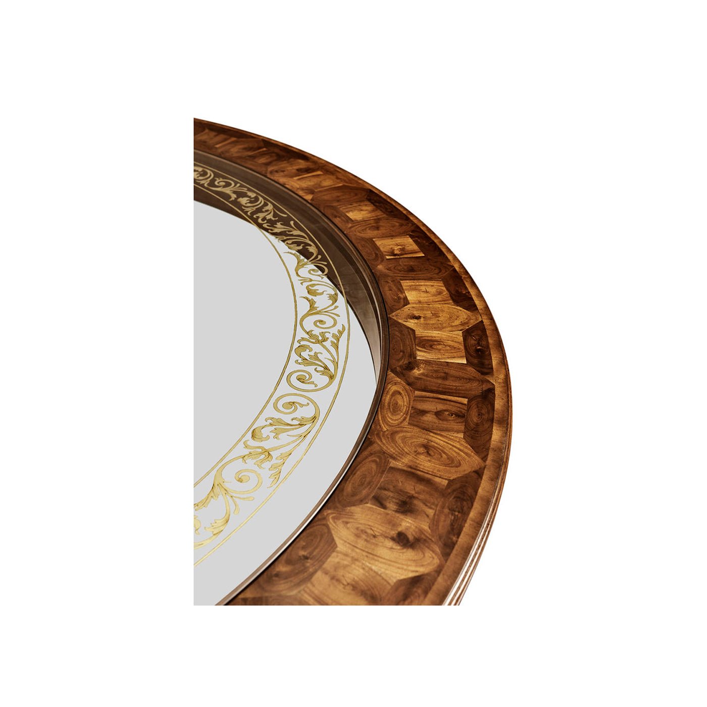 Edge view of round coffee table with patterned design.
