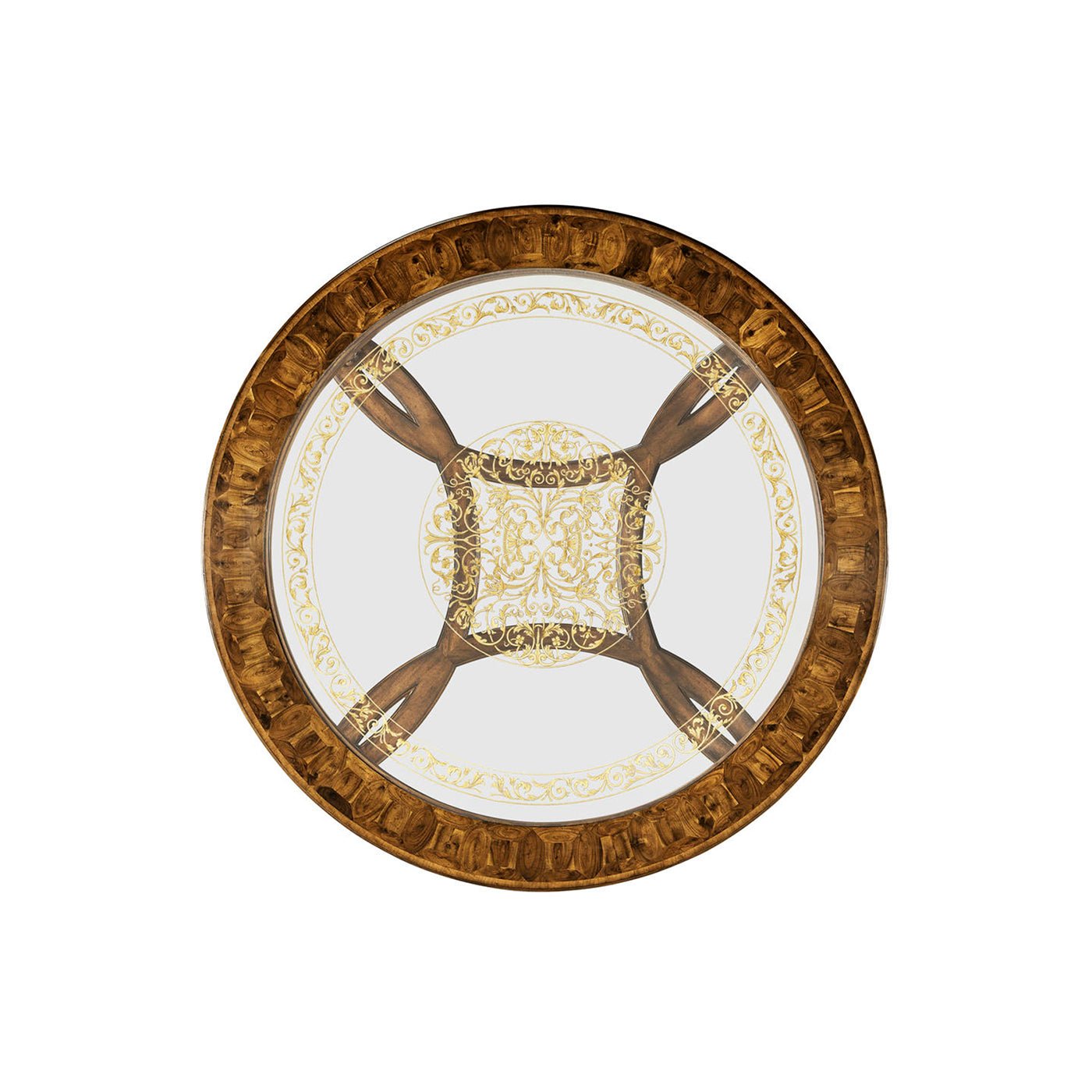 Top view of round coffee table with ornate design.