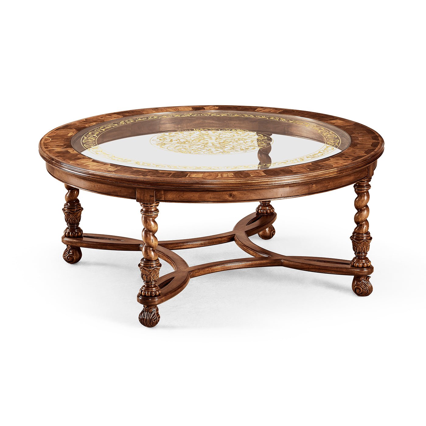 Round coffee table with glass inset, angled view.