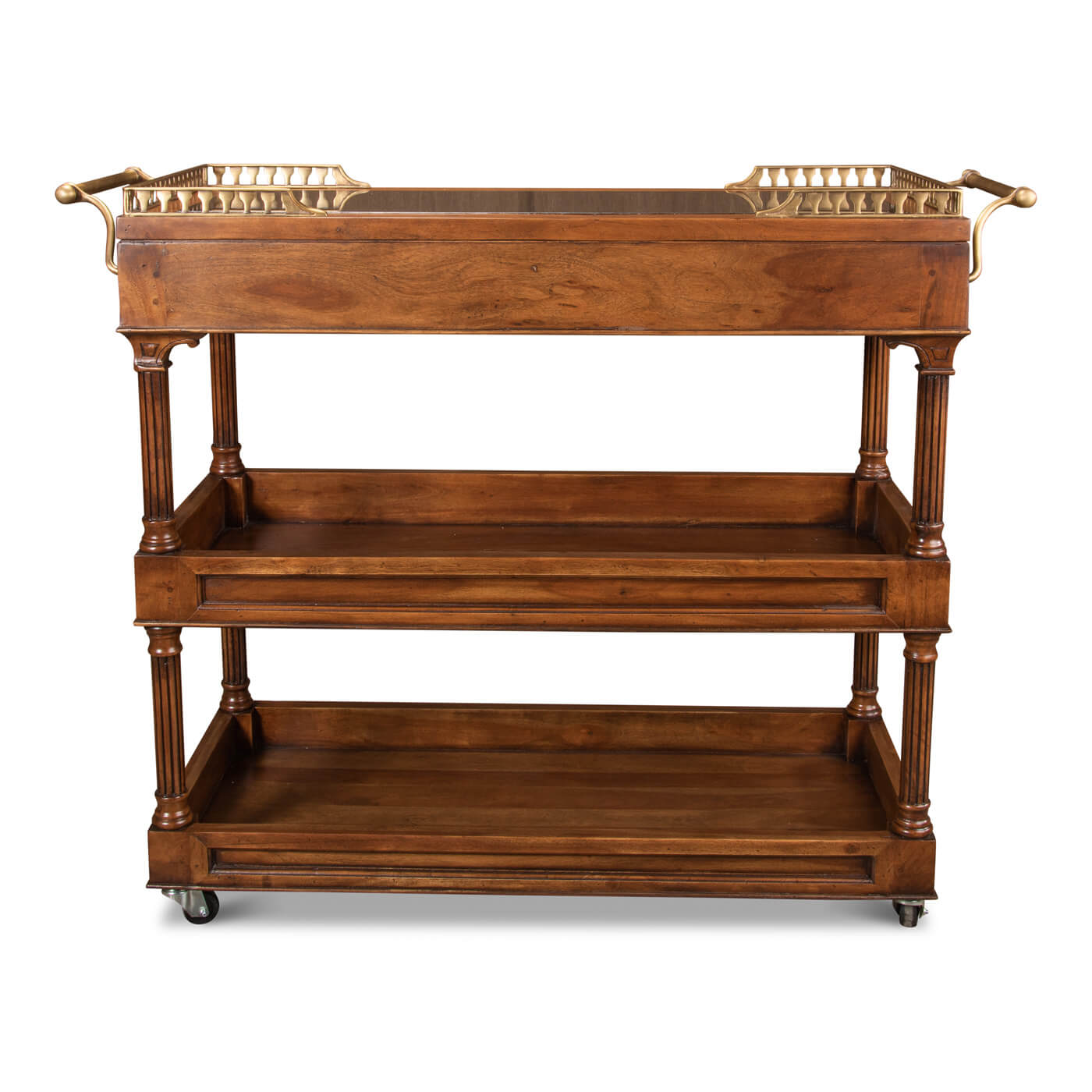 Rear view of traditional walnut bar cart with shelves.