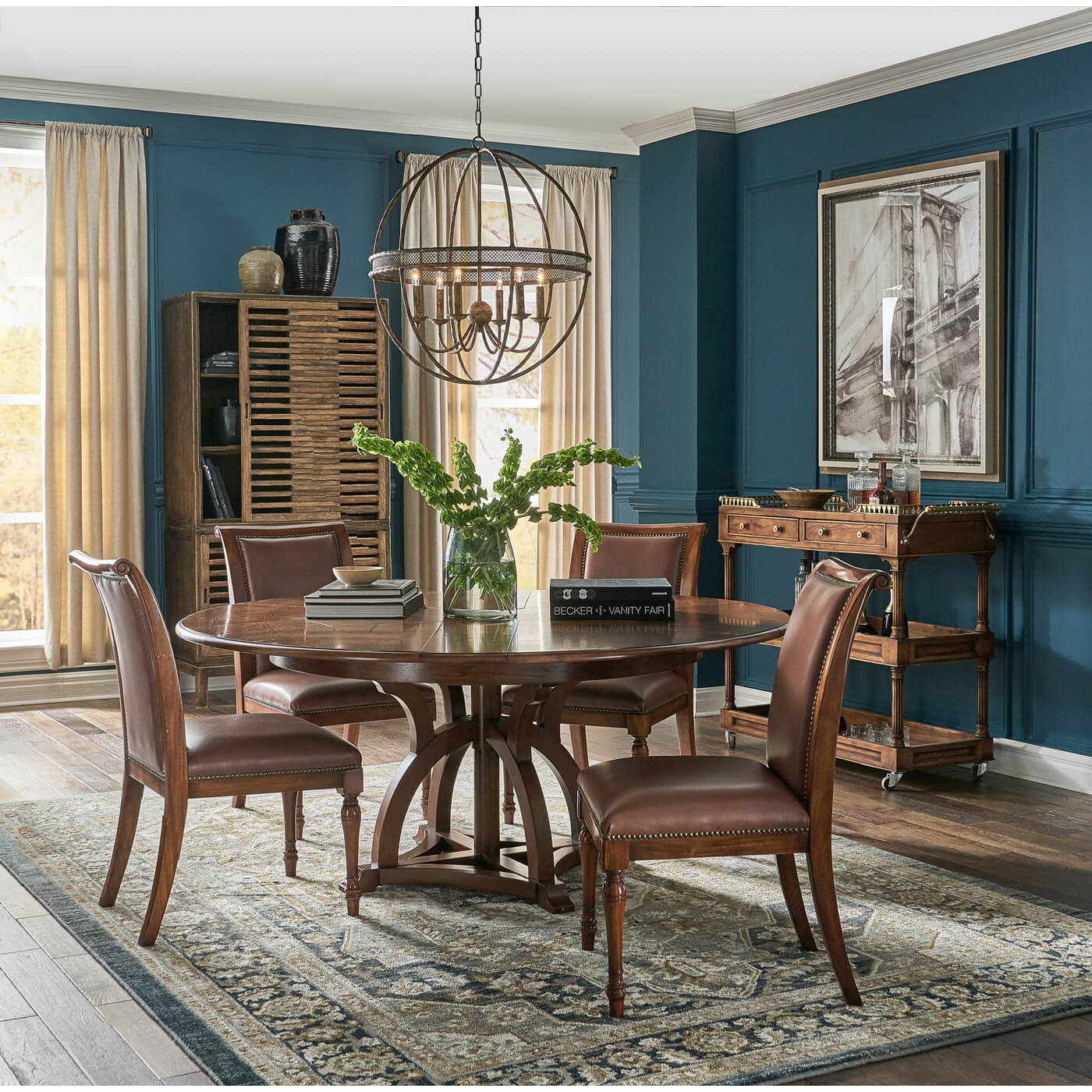 Walnut bar cart in a dining room setting.